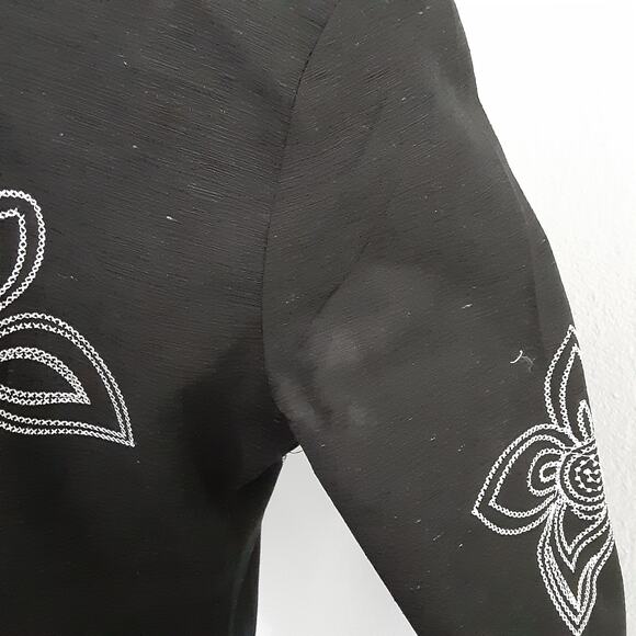 Vintage 90s Silk Blend Blazer Jacket Embroidered Floral Black Mandarin Collar L - Picture 4 of 10